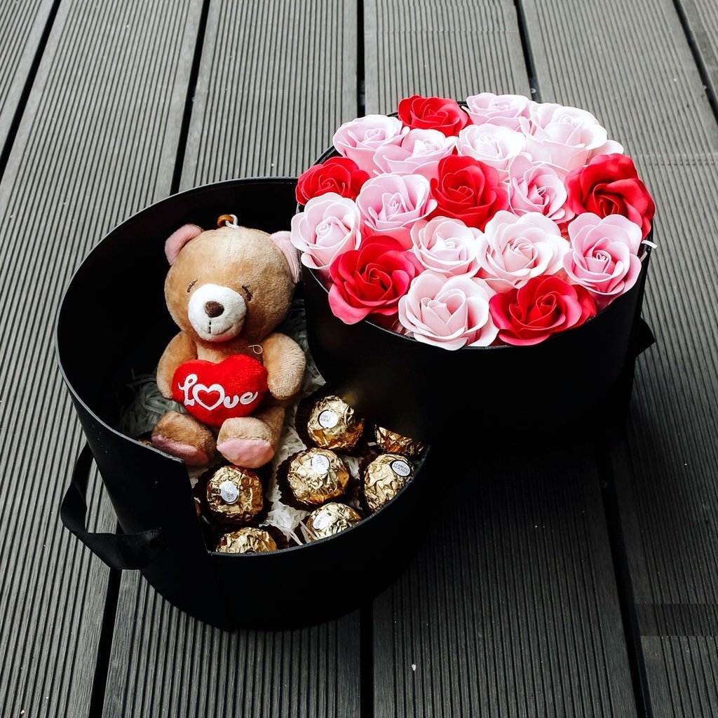 Devotion (Soap Flower Roses With Ferrero Rocher & Teddy Bear) - Fruit n Floral