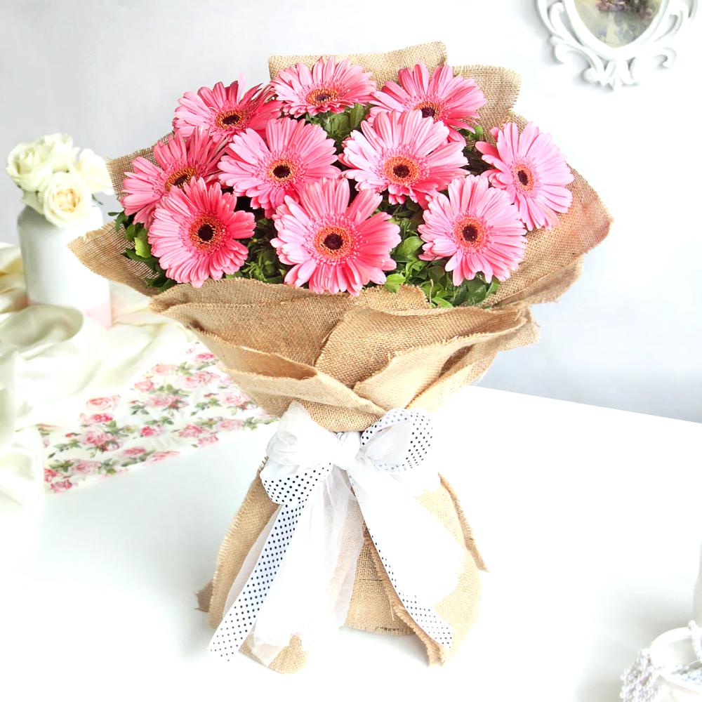 10 Pink Gerberas Hand Bouquet - Fruit n Floral