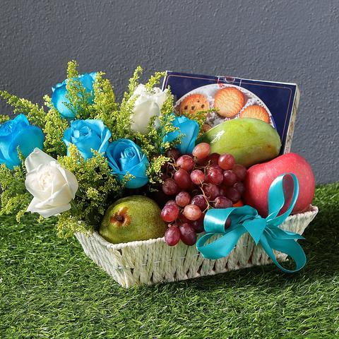 Fruits Basket With Blue Roses - Fruit n Floral