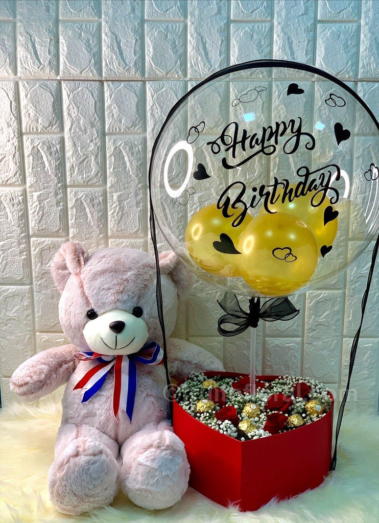 Birthday Balloon with Roses, Choc and Bear - Fruit n Floral