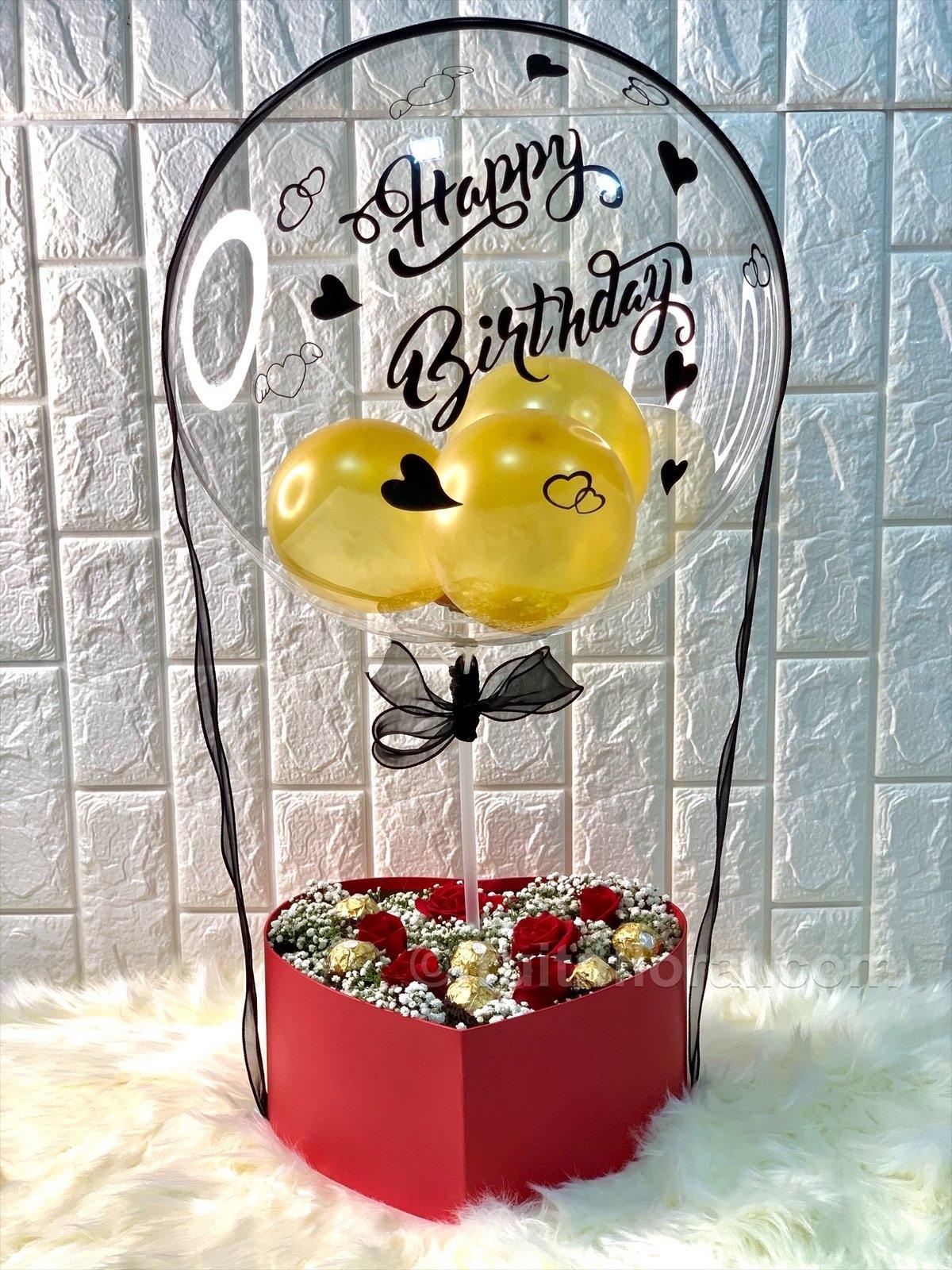 Birthday Balloon with Roses and Choc - Fruit n Floral