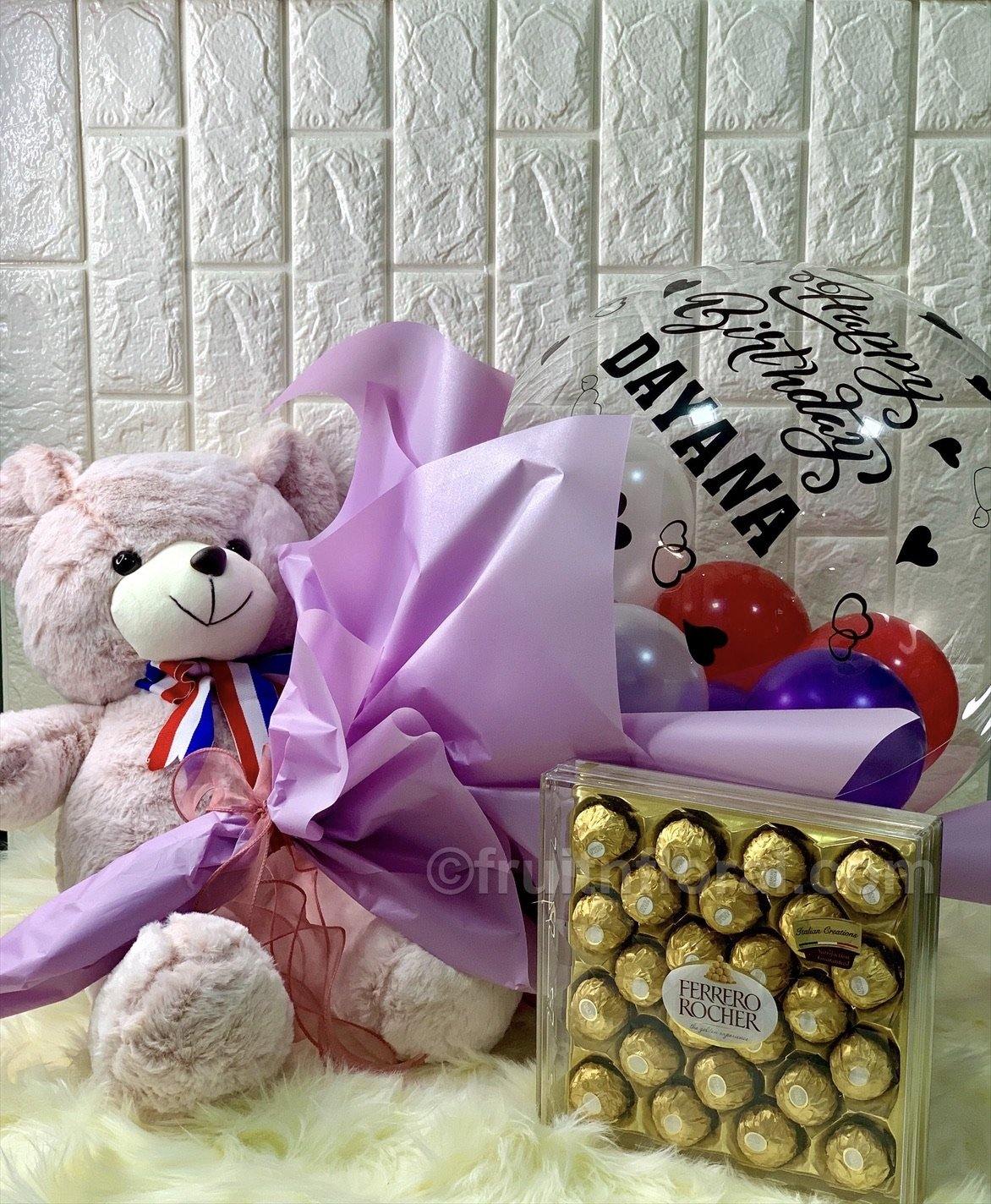 Birthday Balloon Bouquet with Bear and Choc - Fruit n Floral