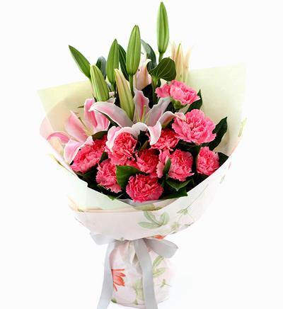 Lilies and Pink Carnations Hand Bouquet - Fruit n Floral