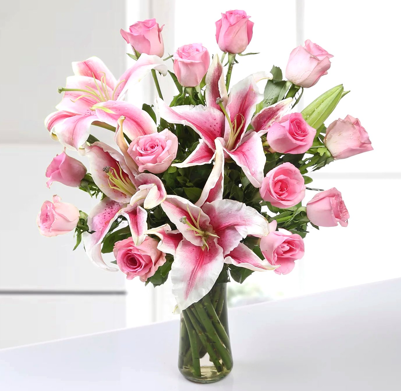 Lilies and Pink Roses in Vase - Fruit n Floral