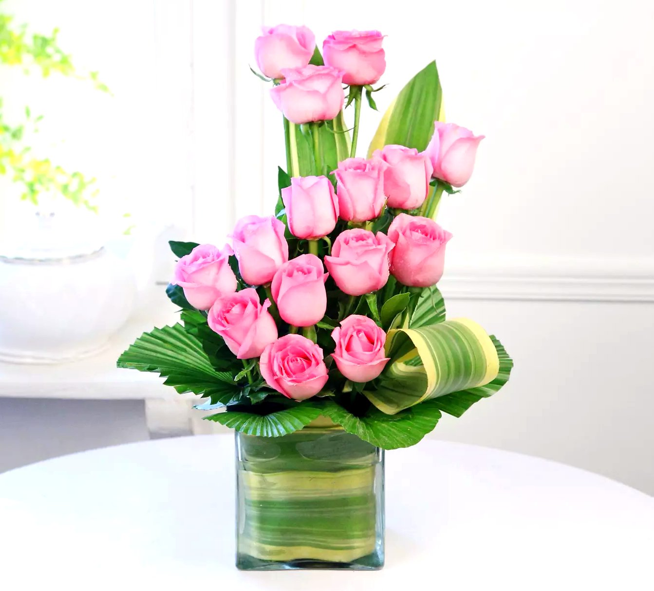 Pink Roses and Leaves in Vase - Fruit n Floral