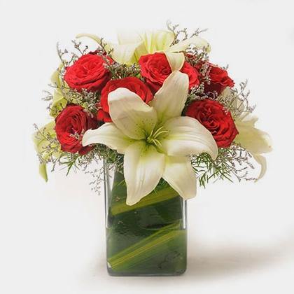 Rose and Lilies in Cute Vase - Fruit n Floral