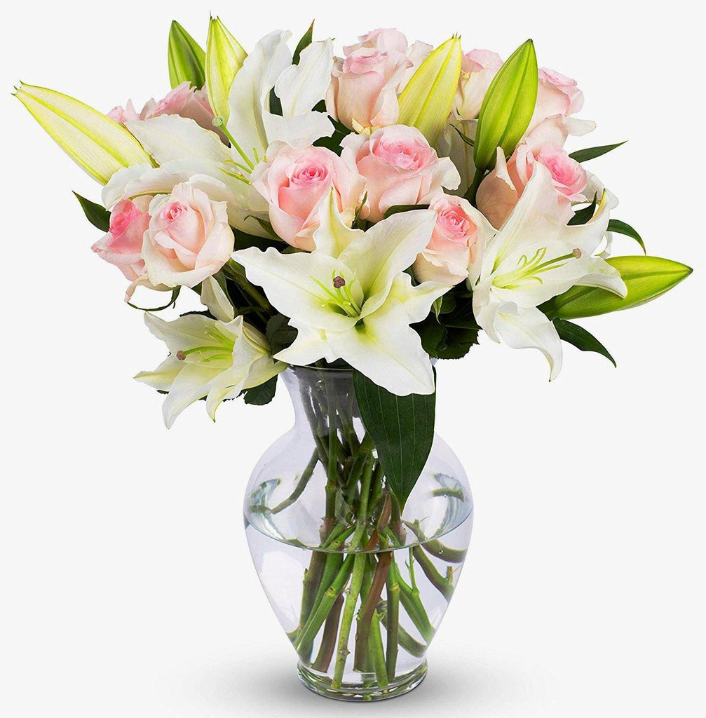 White Lilies and Pink Roses in Vase - Fruit n Floral