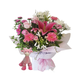 New Baby Girl Lily Bouquet with Plush Giraffe